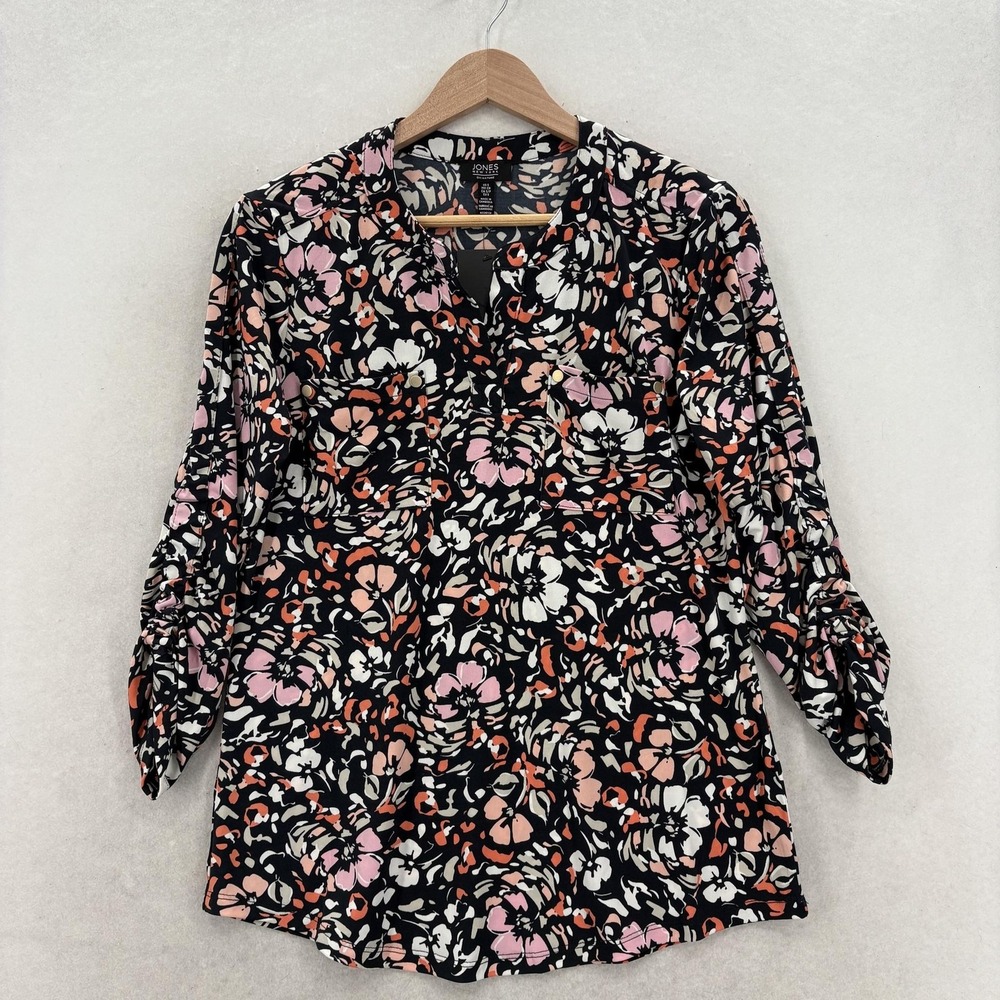 Jones New York Blouse Womens Small Multicolor Floral V Neck 3/4 Sleeve Tunic NWT